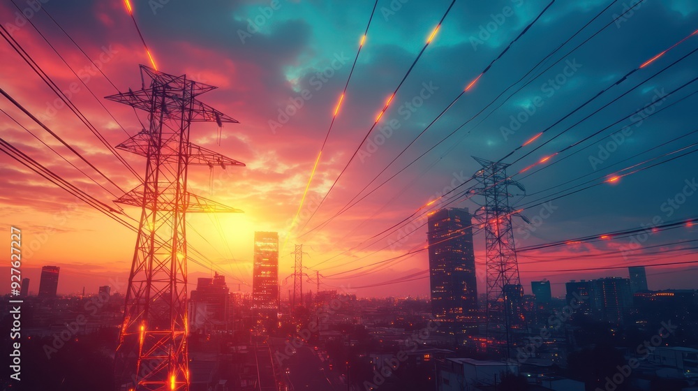 bottom view electricity overhead power lines on sunset sky, with digital light beam in transmission line bottom view electricity overhead power lines on sunset sky, with digital light beam in transmission line
