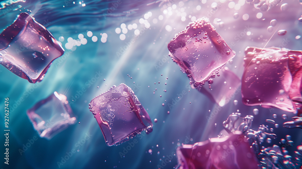 Refreshing Purple Ice Cubes in Crystal Clear Water with Sun Rays Refreshing Purple Ice Cubes in Crystal Clear Water with Sun Rays