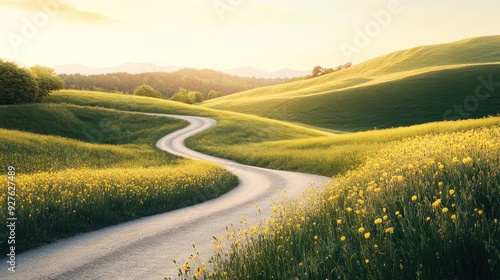 A winding road through a green field filled with yellow flowers, under a bright and clear sky, evoking the peacefulness of nature. photo