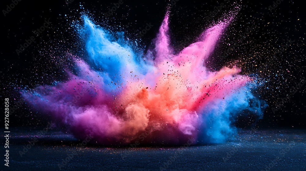 A close-up capturing the moment of a colorful powder explosion, with vibrant hues scattering through the air in a dynamic burst of energy A close-up capturing the moment of a colorful powder explosion, with vibrant hues scattering through the air in a dynamic burst of energy