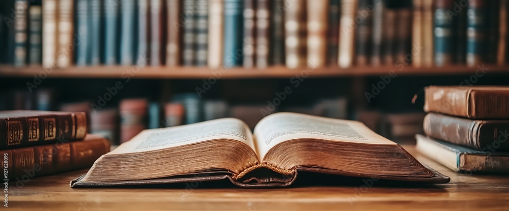 Open book on wooden table with other books in the background. Open book on wooden table with other books in the background.