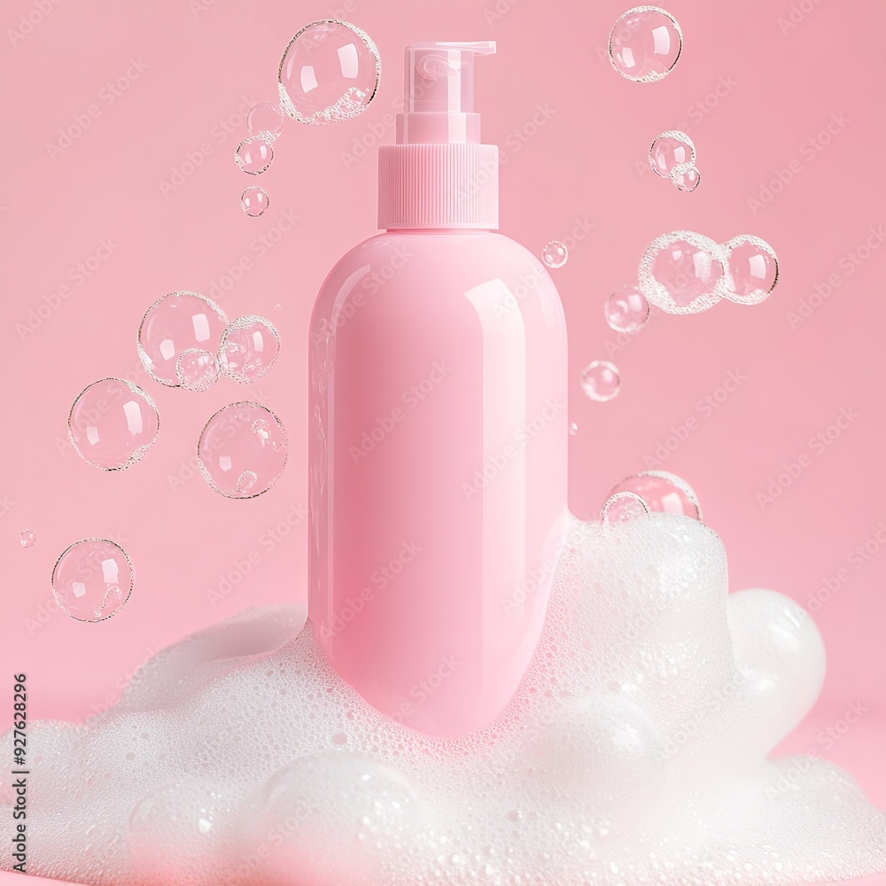 pink shampoo bottle with bubbles on the side, white foam and pink background pink shampoo bottle with bubbles on the side, white foam and pink background