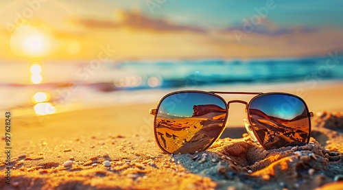 Wallpaper Mural Sunglasses lying on a sandy beach with a sunset reflection in the lenses. Torontodigital.ca