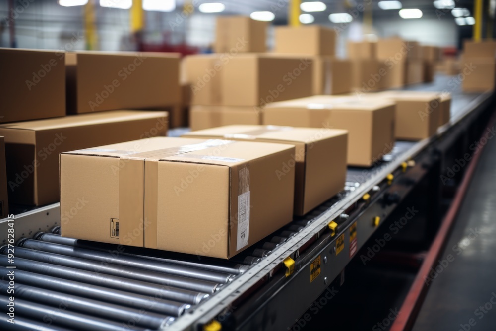Multiple cardboard packages on a conveyor belt in warehouse Multiple cardboard packages on a conveyor belt in warehouse