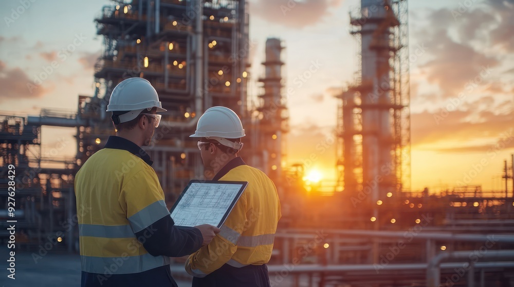 Engineers wearing safety gear, including hard hats examining survey a large blueprint tablet standing industrial facility gas or oil refinery Engineers wearing safety gear, including hard hats examining survey a large blueprint tablet standing industrial facility gas or oil refinery