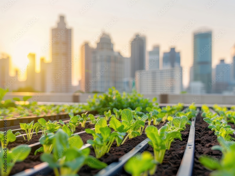 Rooftop garden with lush green plants against a backdrop of city skyscrapers at sunset, showcasing urban agriculture and sustainability. Rooftop garden with lush green plants against a backdrop of city skyscrapers at sunset, showcasing urban agriculture and sustainability.
