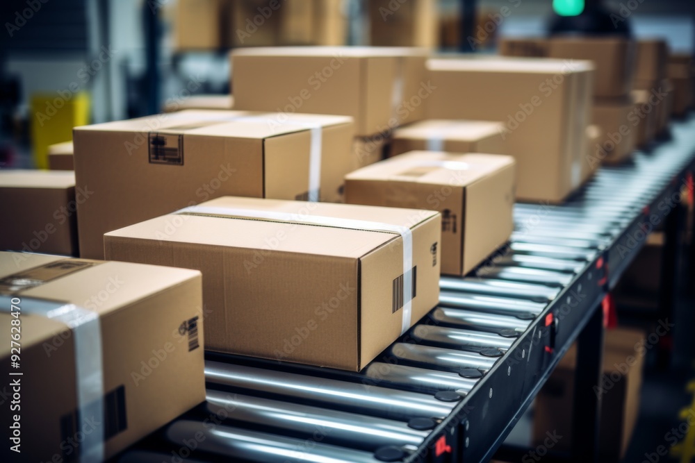 Multiple cardboard packages on a conveyor belt in warehouse Multiple cardboard packages on a conveyor belt in warehouse