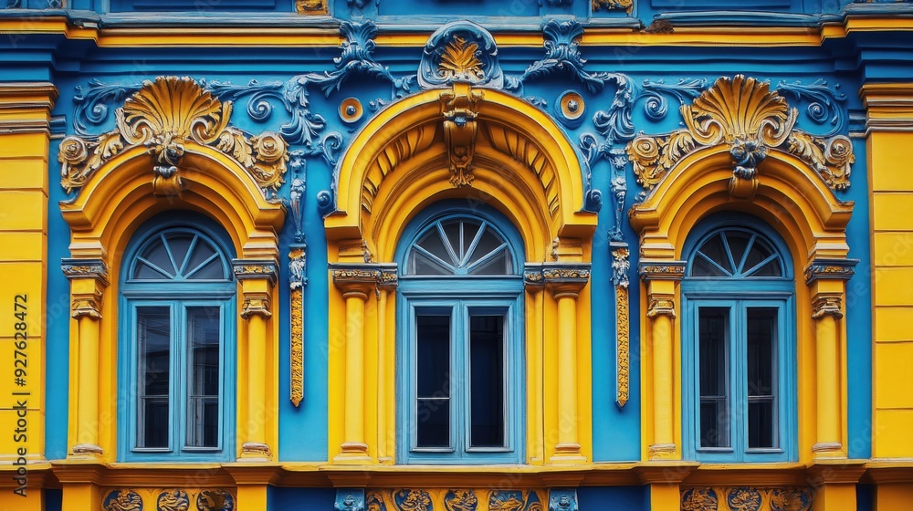 Obraz premium An impressive building in blue and yellow hues, adorned with ornate carvings and intricate patterns, reflecting classic architectural beauty.