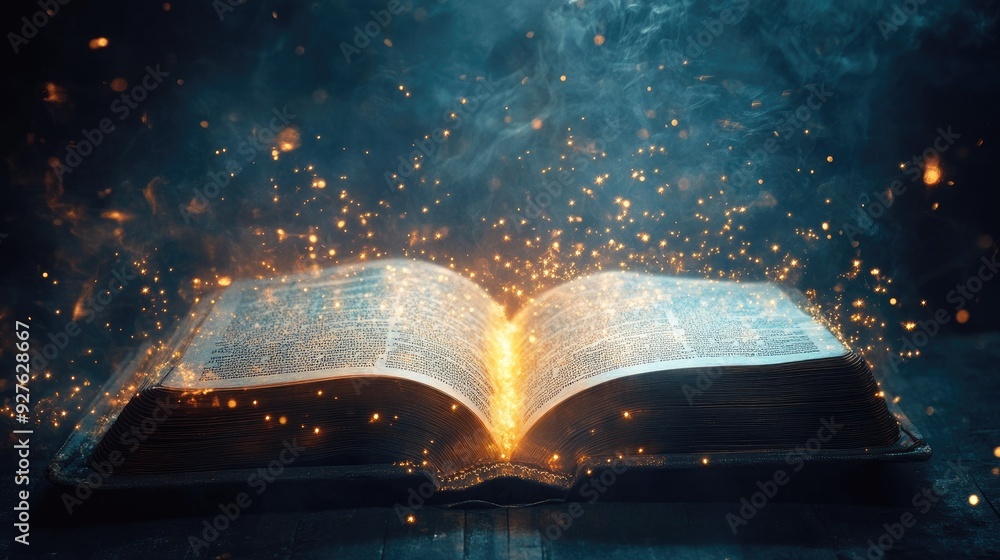 Obraz premium An open book with magical light glowing from its pages, illuminating the surrounding darkness with a mystical aura.