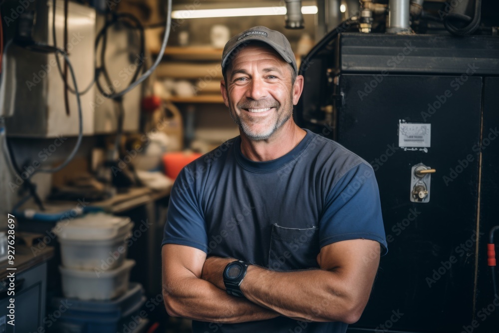 Smiling portrait of a middle aged Caucasian male plumber Smiling portrait of a middle aged Caucasian male plumber