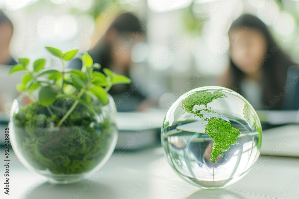 A glass globe with a green plant in focus on a desk, symbolizing sustainability, with blurred people working in the background. A glass globe with a green plant in focus on a desk, symbolizing sustainability, with blurred people working in the background.