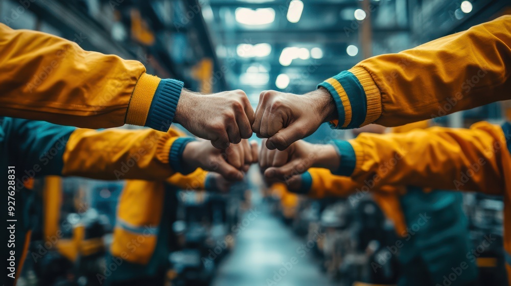 Group of industrial factory workers bumping fists together, showing gesture for teamwork or unity Group of industrial factory workers bumping fists together, showing gesture for teamwork or unity