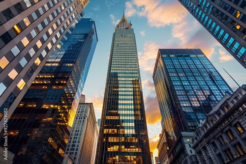 Close-up of a tall skyscraper in New York City, a glass building with yellow and green reflections, surround with buildings, cityscape background, evening light