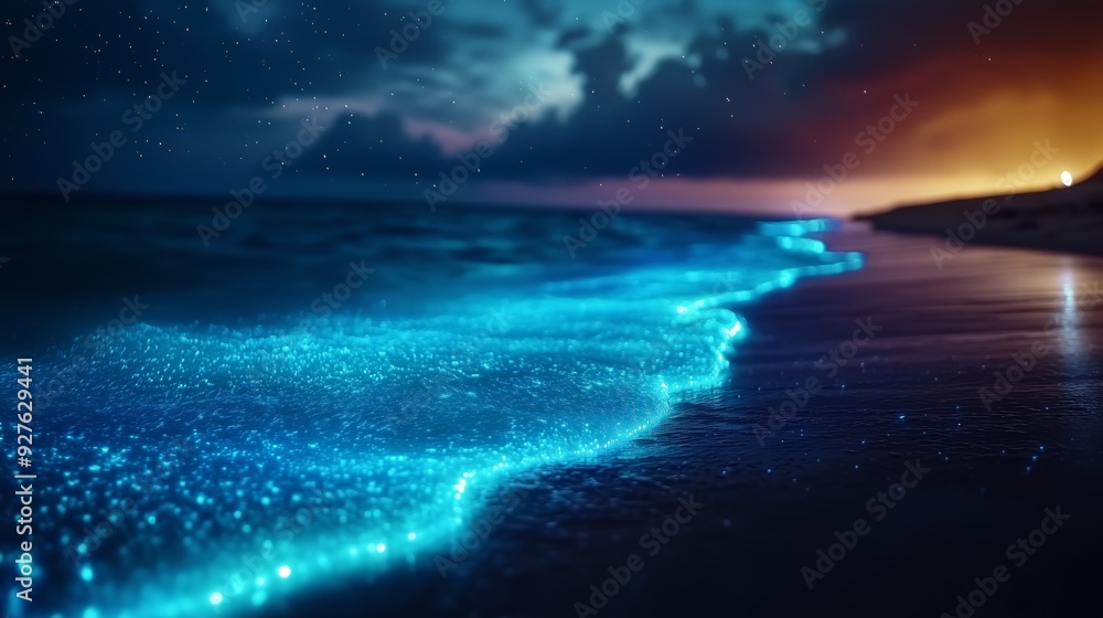 Fototapeta premium A wave of bioluminescent plankton glows a vibrant blue in the dark ocean water at night.