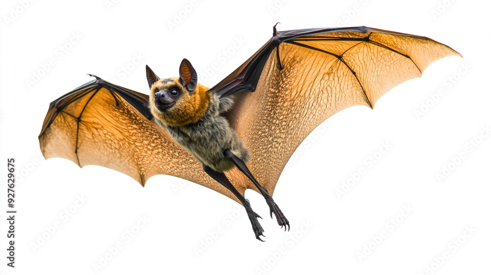 Obraz premium A golden-crowned flying fox soaring against a white backdrop