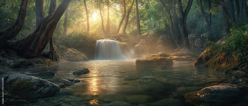 Mystical Forest Waterfall with Golden Light and Mist. Mystical Forest Waterfall with Golden Light and Mist.