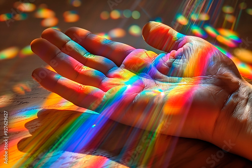 Sunlight filtered through a prism creates vibrant rainbow colors on an outstretched hand symbolizing growth and renewal