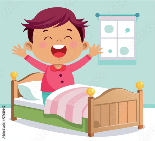 Happy boy waking up and stretching in bed