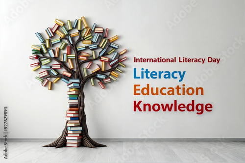 A vibrant tree composed of books of various colors and sizes, with the text word phrase 