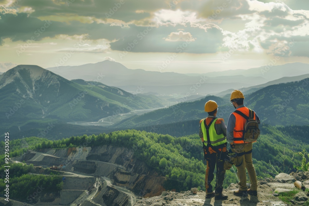 Obraz premium Environmental engineers overlooking a valley