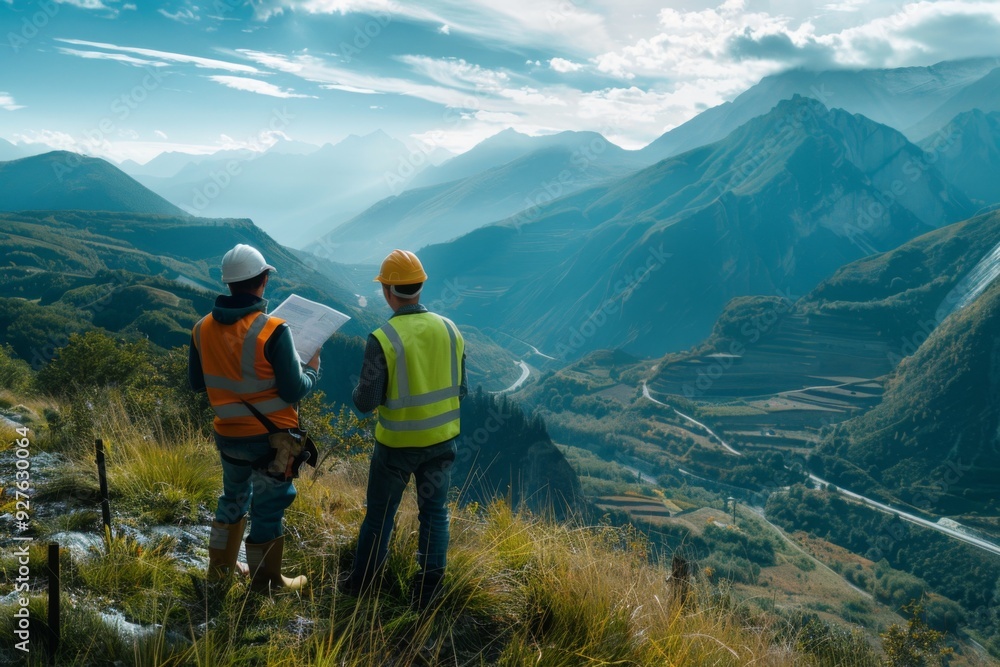 Fototapeta premium Environmental engineers overlooking a valley