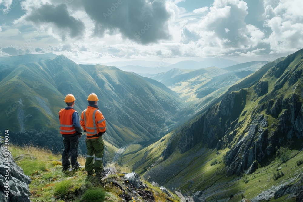 Environmental engineers overlooking a valley Environmental engineers overlooking a valley