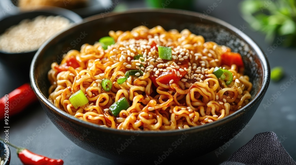 Close-up of Chinese instant noodles with a savory sauce, garnished with sesame seeds and fresh vegetables, served in a traditional ceramic bowl. Close-up of Chinese instant noodles with a savory sauce, garnished with sesame seeds and fresh vegetables, served in a traditional ceramic bowl.