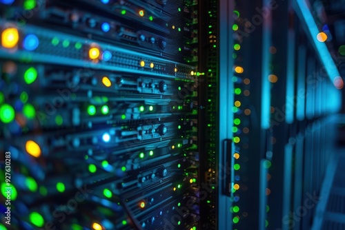 Network servers in a row, LED lights glowing, dimly lit room, vibrant blue and green, wideangle shot, advanced technology, modern data center