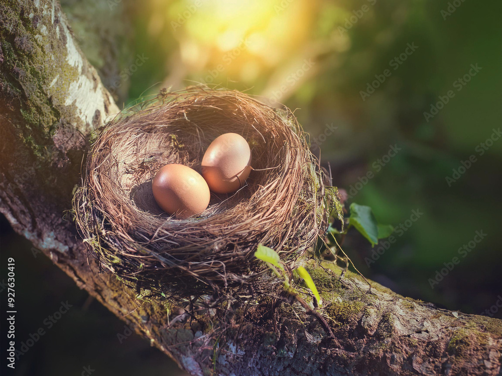 A nest with eggs on a tree branch in the forest A nest with eggs on a tree branch in the forest