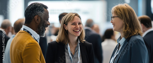 A gathering of business executives networking at a professional industry event, fostering connections at a trade show. photo