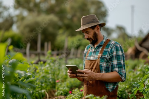 Male farmer holding a tablet while on a farm