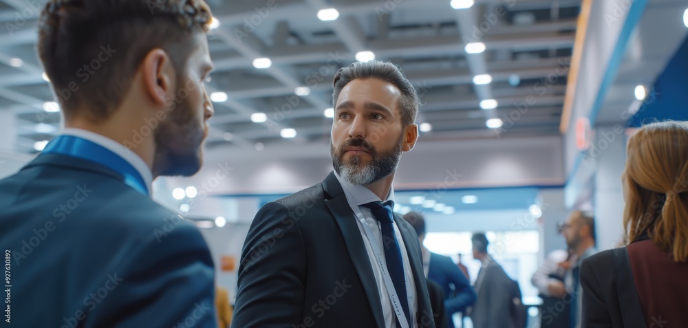 A gathering of business executives networking at a professional industry event, fostering connections at a trade show. A gathering of business executives networking at a professional industry event, fostering connections at a trade show.