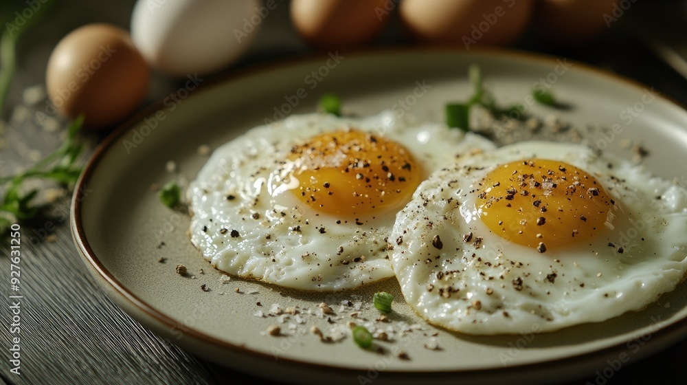Eggs served on a plate, topped with a light sprinkle of salt and pepper, perfect for a morning meal. Eggs served on a plate, topped with a light sprinkle of salt and pepper, perfect for a morning meal.