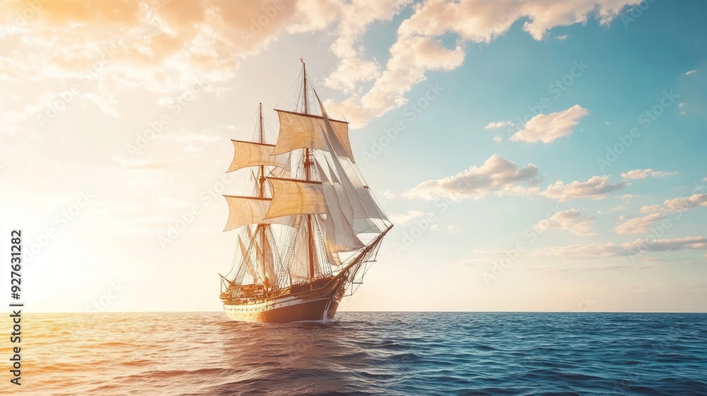 Fototapeta premium Setting sail, sailing, future vision, dream, new starting point, ready to sail, vast ocean, starting point, dream realization, starting line, inspiration, create unlimited, new chapter, vast sky, turb