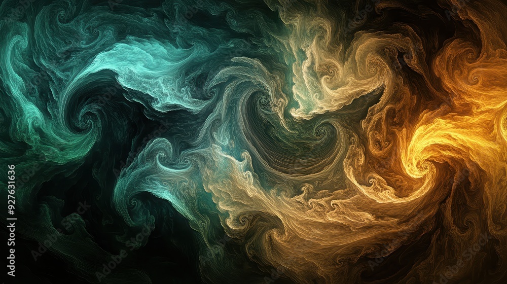 Fototapeta premium Abstract Swirling Pattern with Teal and Gold Hues on Black Background - Digital Art.