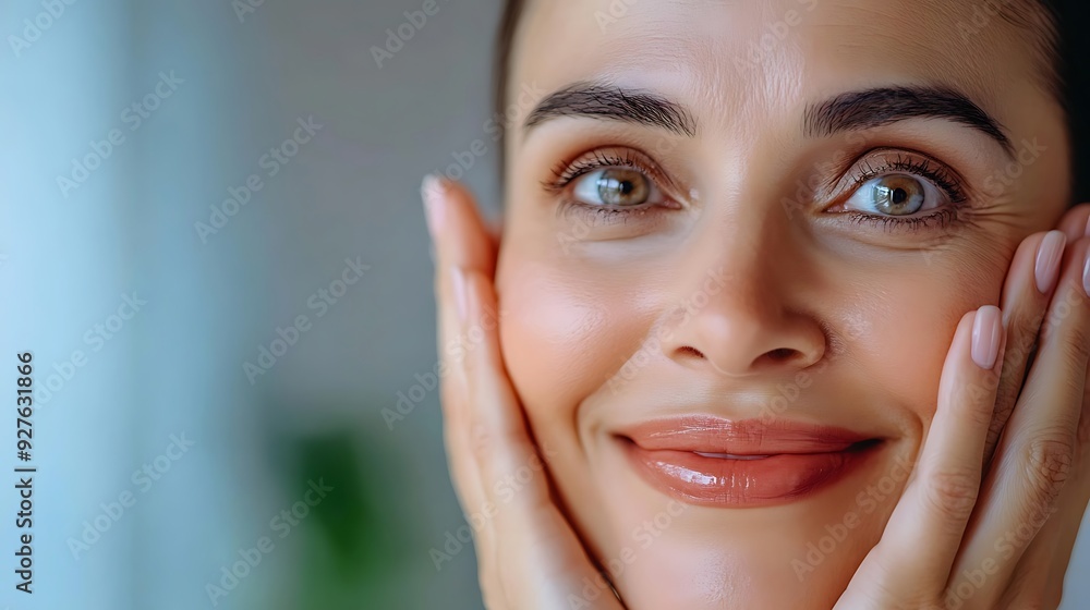 A cheerful young Hispanic woman smiles brightly while gently holding her face, showcasing her radiant, glowing skin and well-groomed appearance in a soft, inviting setting. A cheerful young Hispanic woman smiles brightly while gently holding her face, showcasing her radiant, glowing skin and well-groomed appearance in a soft, inviting setting.