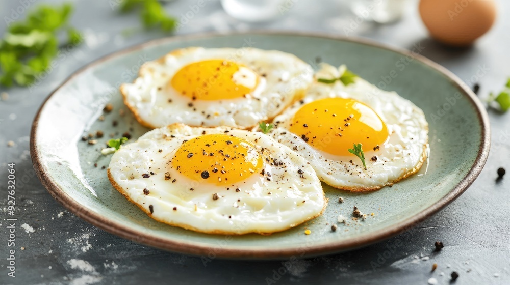 Freshly prepared eggs on a plate, lightly seasoned with pepper and salt, creating a simple and appetizing dish. Freshly prepared eggs on a plate, lightly seasoned with pepper and salt, creating a simple and appetizing dish.