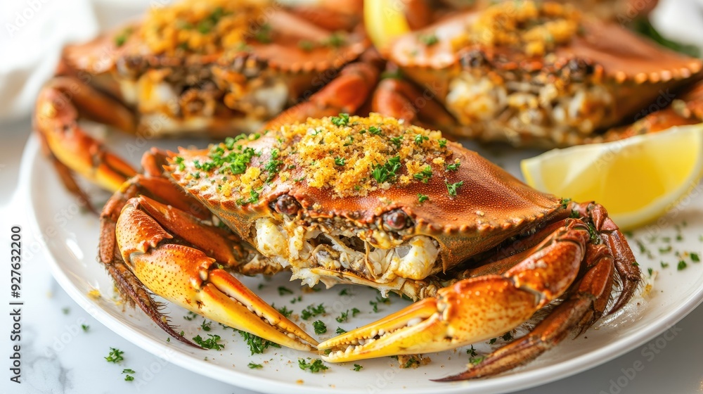 Freshly prepared stuffed blue crabs with a golden crust, served on a clean white plate, with hints of lemon wedges and a sprinkle of parsley. Freshly prepared stuffed blue crabs with a golden crust, served on a clean white plate, with hints of lemon wedges and a sprinkle of parsley.