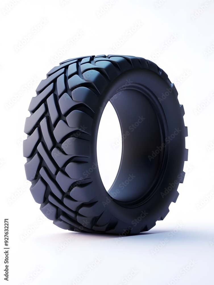 A single black tire isolated on a white background. The tire has a deep tread pattern. A single black tire isolated on a white background. The tire has a deep tread pattern.