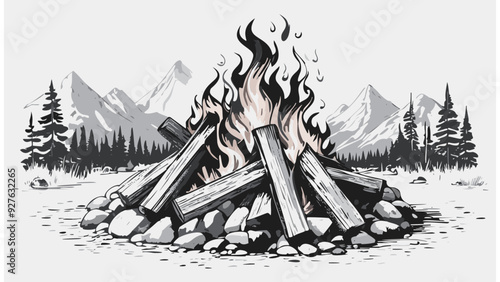 Camping Bonfire Illustration - Fire Flame Flames Burn Camp Campfire Forest Tree Mountains Firewood Outdoor
