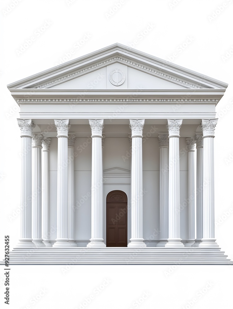 A white classical building with columns and a wooden door. The building is isolated on a white background. A white classical building with columns and a wooden door. The building is isolated on a white background.
