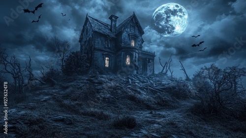 Mysterious Haunted House on a Hilltop with Full Moon and Bats Flying in the Night Sky.