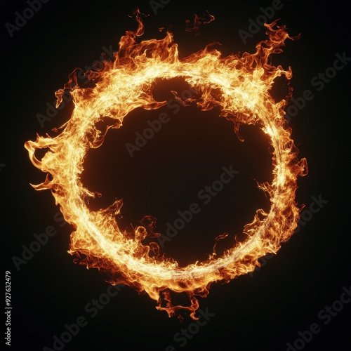 A fiery, glowing ring of flames suspended in midair against a pitch black background, radiating intensity and power in a mesmerizing display of energy and danger.