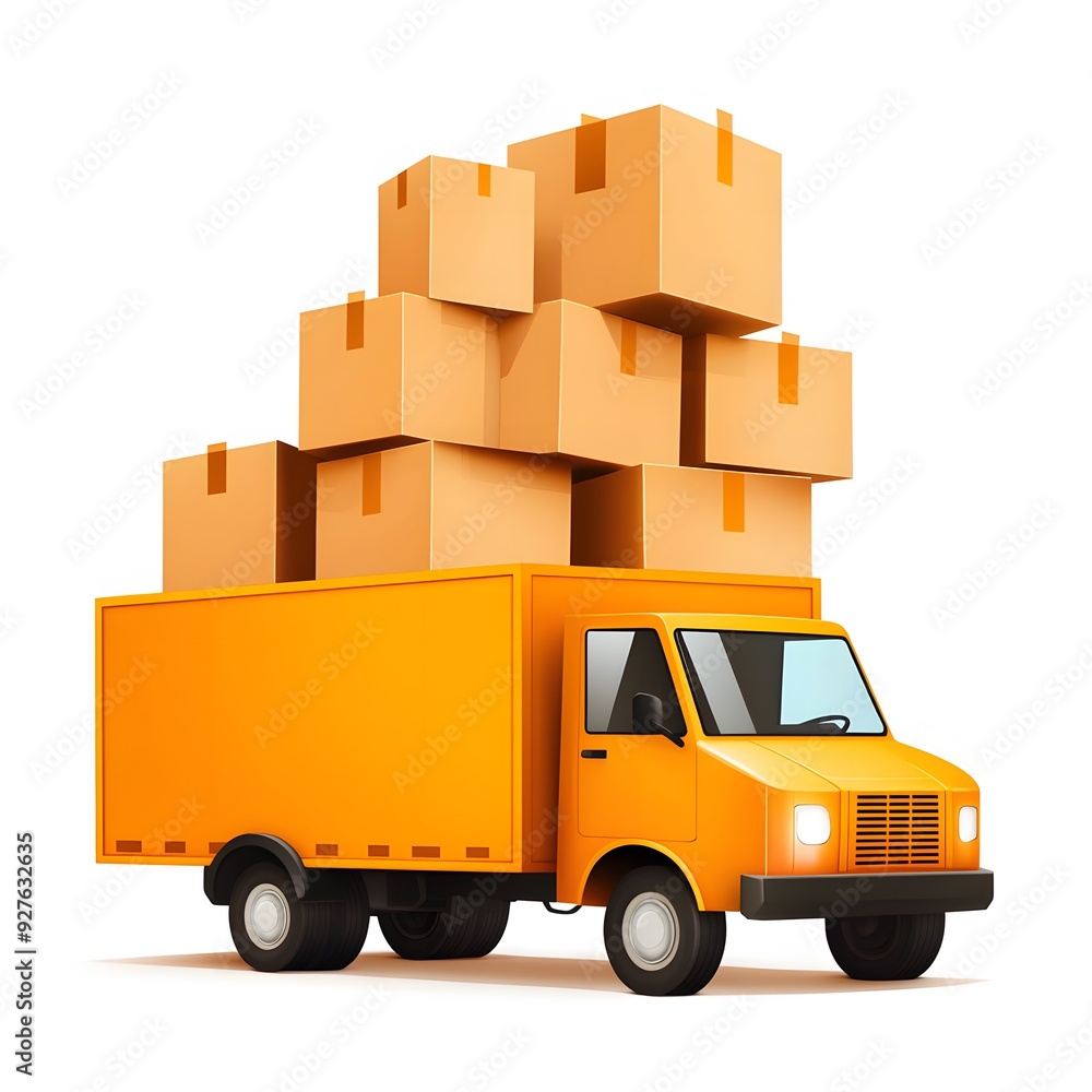 A yellow delivery truck with a stack of cardboard boxes on its bed. The truck is isolated against a white background. A yellow delivery truck with a stack of cardboard boxes on its bed. The truck is isolated against a white background.