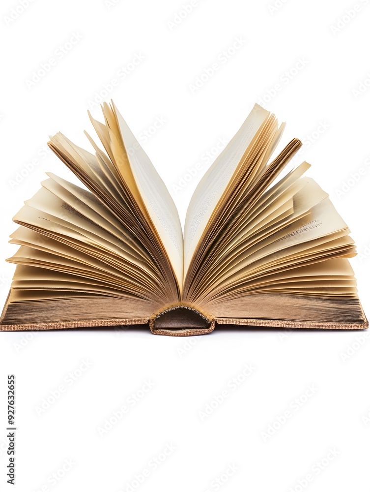 An open book with aged pages, revealing blank white space, isolated on white background.