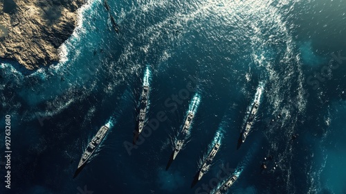 Aerial View of Navy Ships Sailing in Formation on Blue Ocean Water photo