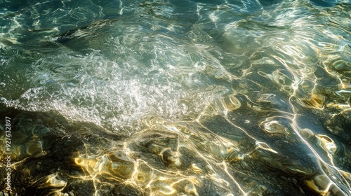 A serene scene of cool, crystal water with soft waves and sunlight dancing on the surface.