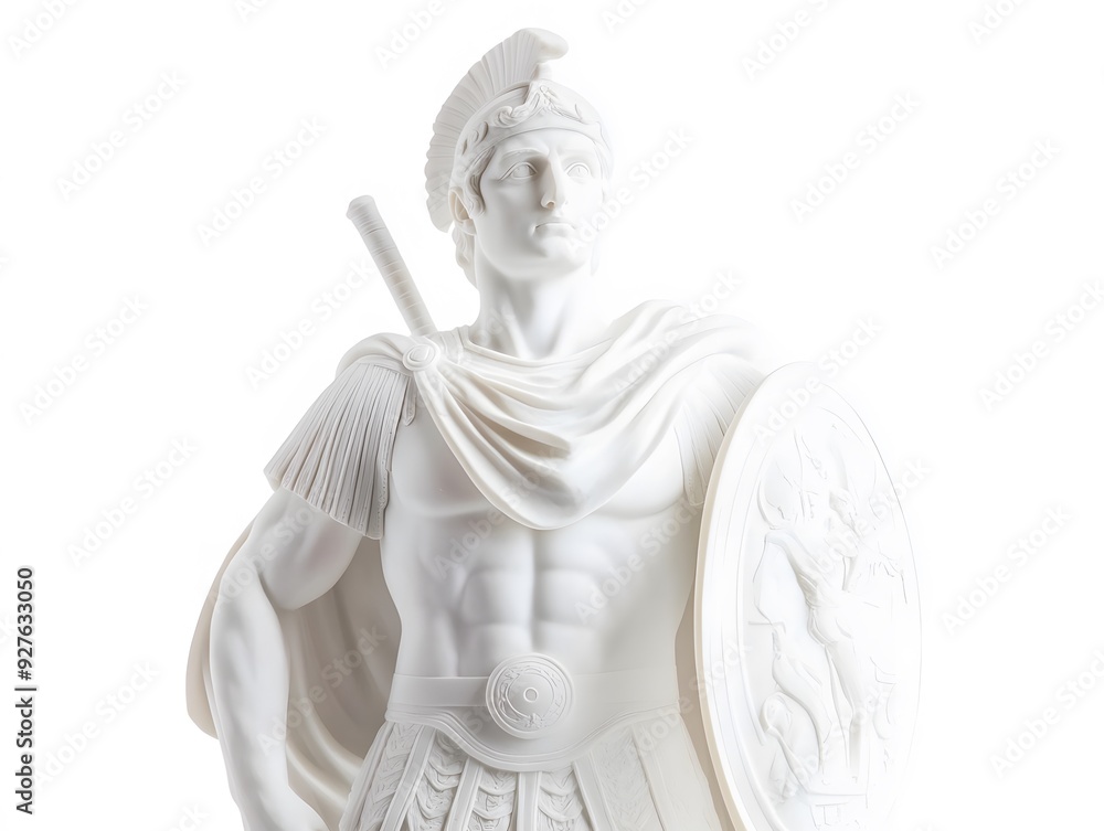 White marble statue of a Roman soldier, isolated on white background. The soldier is wearing a helmet, armor, and a cloak. He is holding a spear and a shield. White marble statue of a Roman soldier, isolated on white background. The soldier is wearing a helmet, armor, and a cloak. He is holding a spear and a shield.