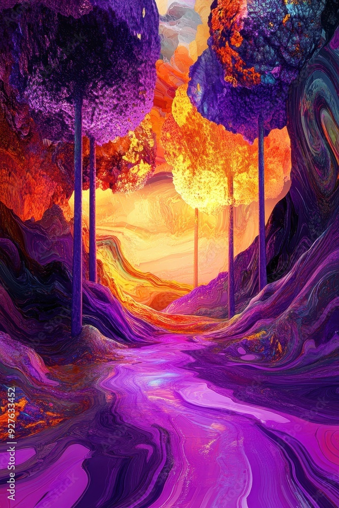 Abstract Landscape with Purple, Orange and Yellow Swirls, Trees and River. Abstract Landscape with Purple, Orange and Yellow Swirls, Trees and River.