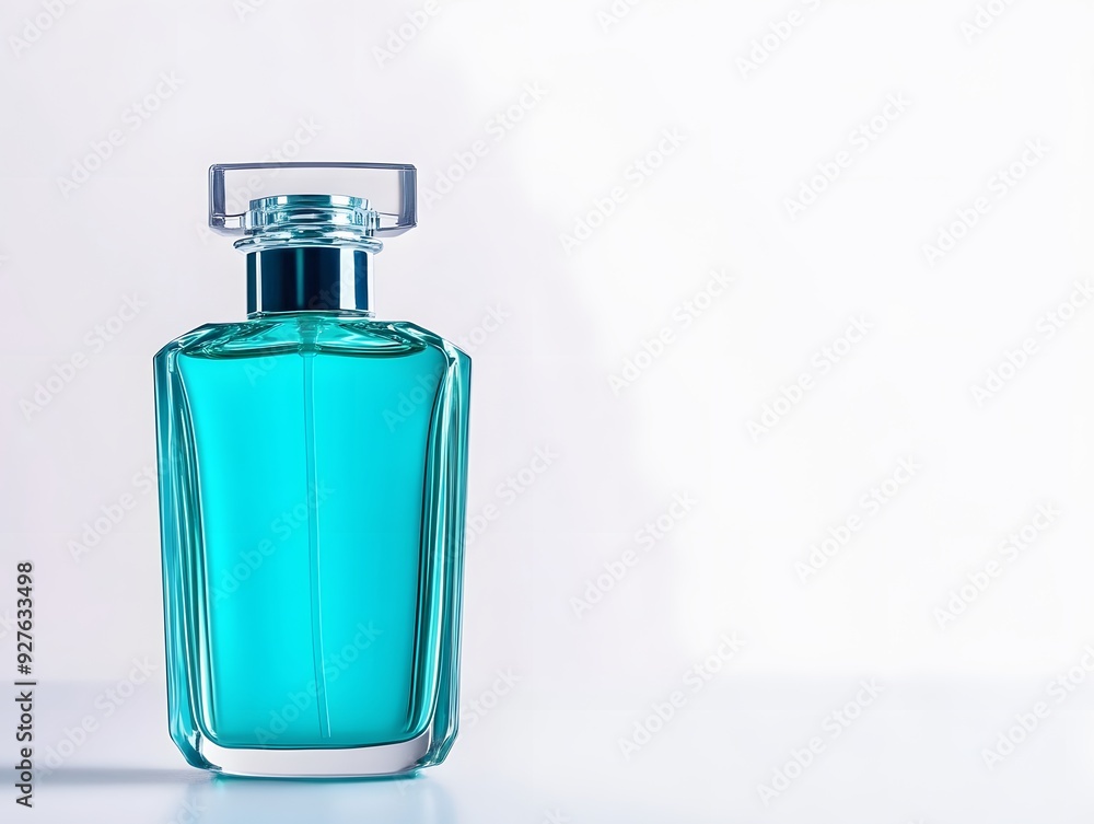 A glass bottle of blue perfume on a white background. A glass bottle of blue perfume on a white background.